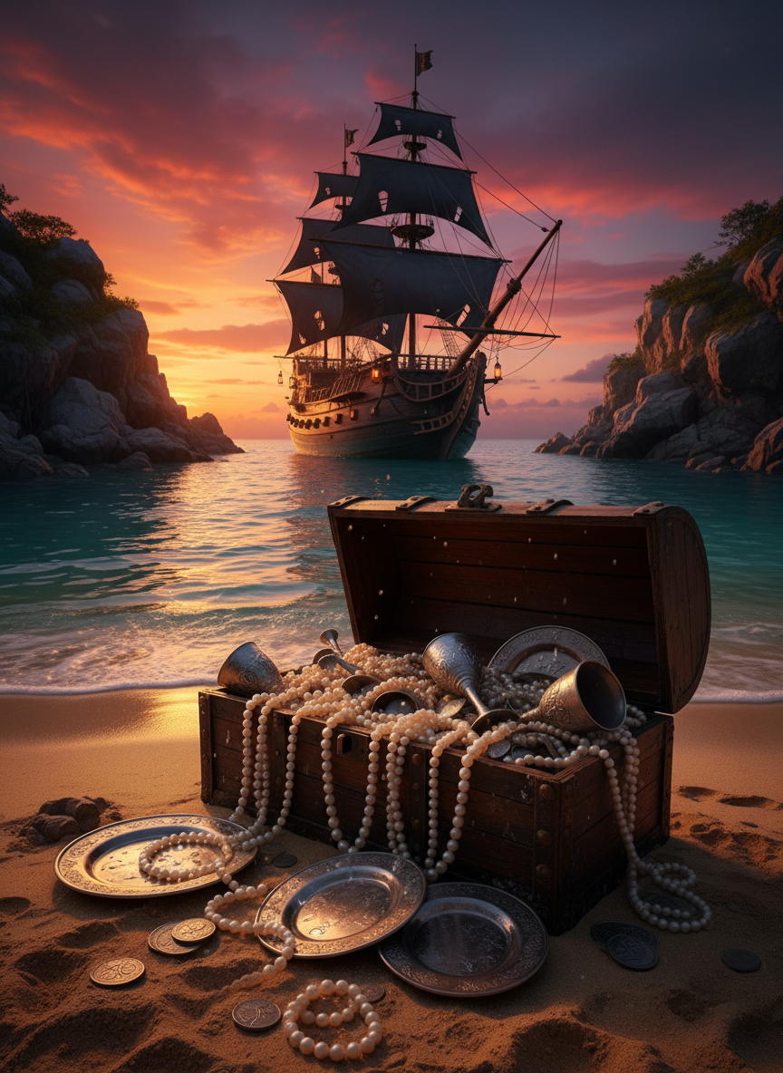 A secluded, rocky Caribbean cove at dusk, captured in photographic realism: a sleek, dark-sailed pirate ship anchored just offshore, its hull scarred from battle, lanterns glowing warmly along the rail. On the sand in the foreground, an open, partially buried chest overflows with tangled pearl strands, jeweled goblets, and tarnished silver, wet from the tide’s reach. The sky burns with deep oranges and purples of the setting sun, reflected in the rippling water. Shot from a low angle at shoreline level, with sharp focus throughout, the mood is cinematic, dangerous, and seductive, suggesting secret rendezvous, forbidden riches, and the continuation of the Treasure Island world.